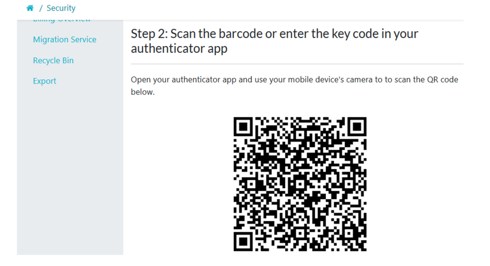 When step 2 of the 4 step 2FA menu page loads up, open your authenticator app and use your mobile device's camera to scan the QR code below. Then click on the “Next” button to continue.