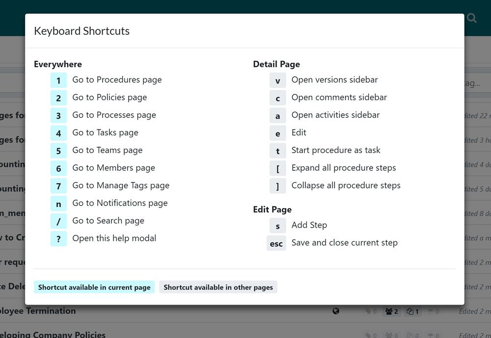 Dialog box that lists the available keyboard shortcuts.