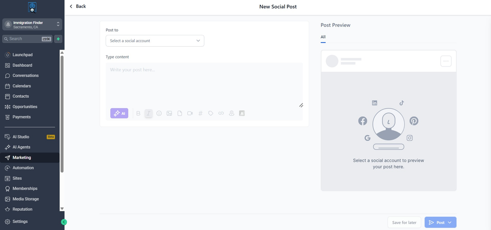 Figure 2 — Post composer with content area and post preview