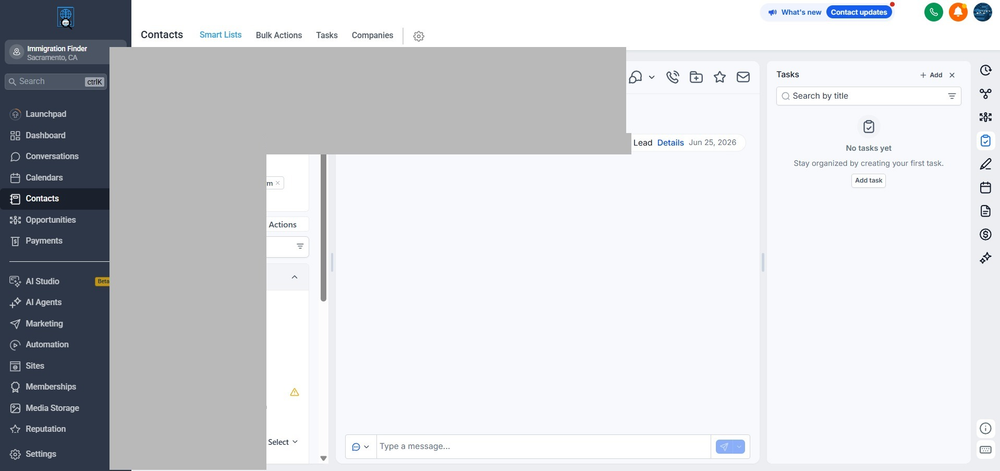 Figure 2 — Contact record showing fields, tags, owner, and conversation history