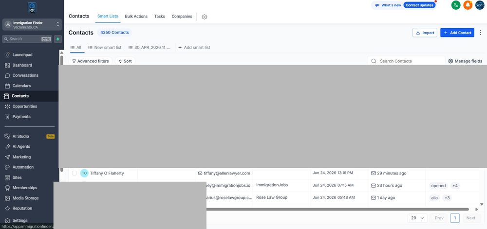Figure 1 — Contacts page with Smart Lists and column-sorted contact list