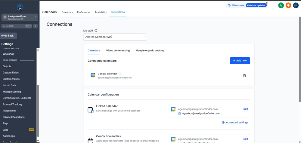 Figure 2 — Calendar Connections showing Google Calendar connected with green checkmark