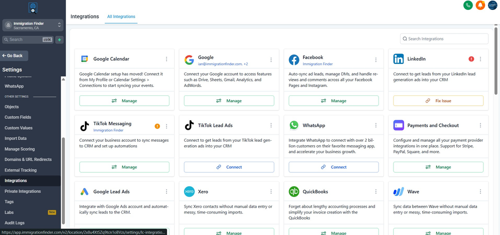 Figure 1 — Settings > Integrations page showing all available platforms