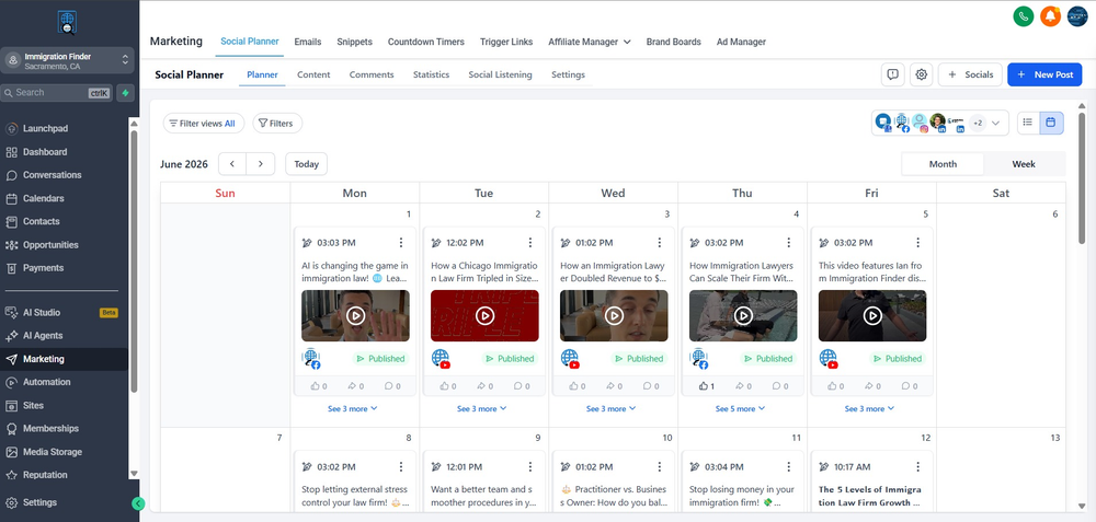 Figure 4 — Social Planner calendar view showing published posts by date