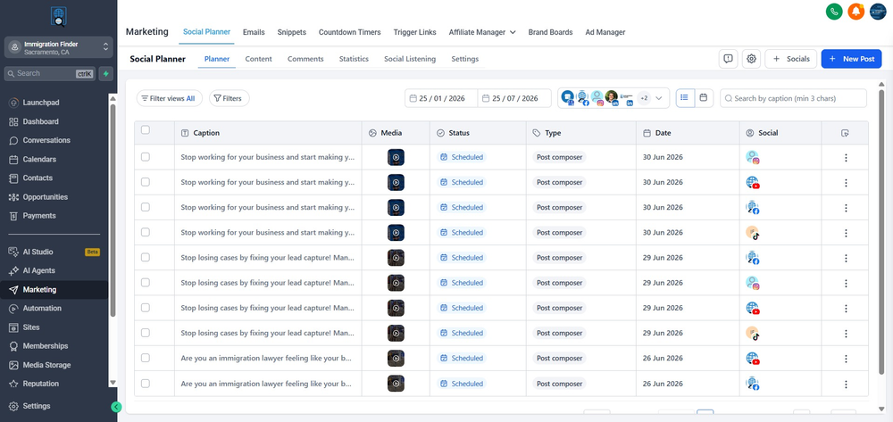 Figure 3 — Social Planner list view showing scheduled posts